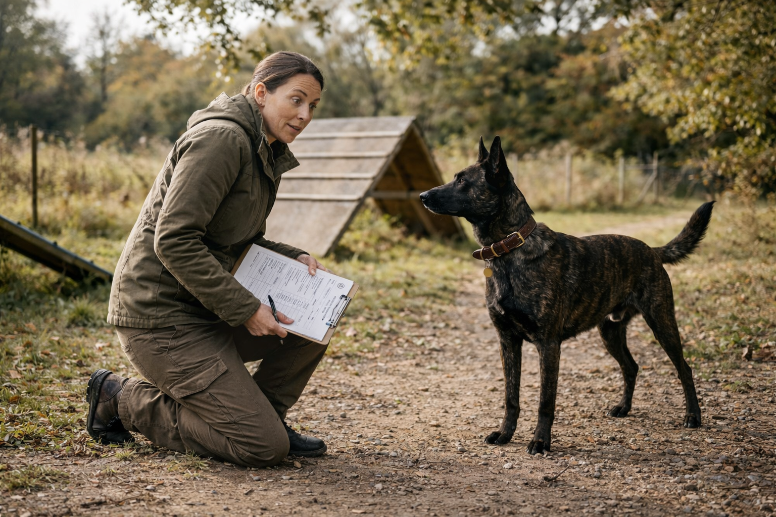 Calm Dutch Shepherd remains steady during temperament evaluation as a kneeling evaluator observes and records behavior outdoors