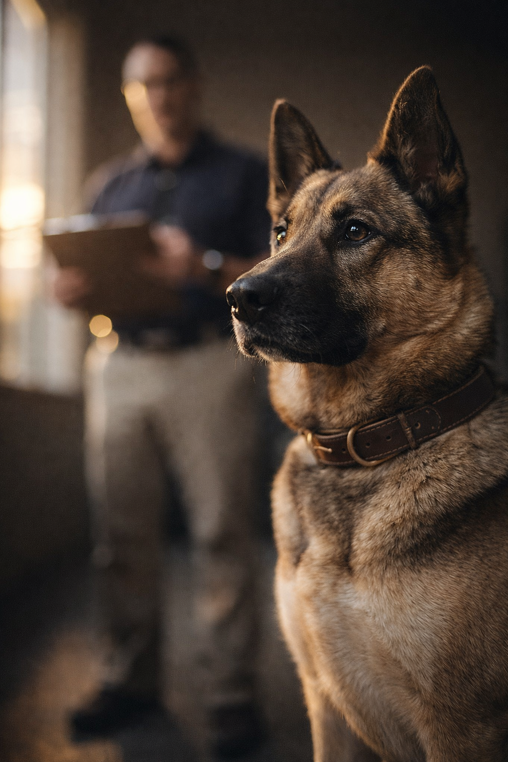 belgian malinois during a formal dog temperament evaluation with a blurred evaluator holding a clipboard in the background