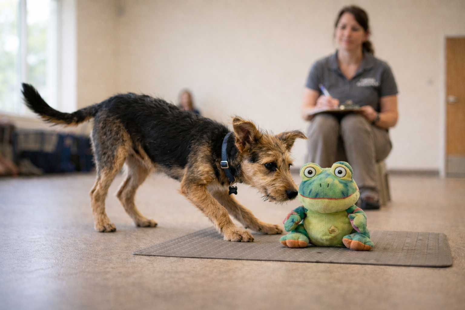 young scruffy mixed-breed dog cautiously investigating a plush frog toy during an indoor temperament test
