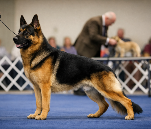 well-balanced show dog standing confidently in the ring with ideal proportions and strong breed type