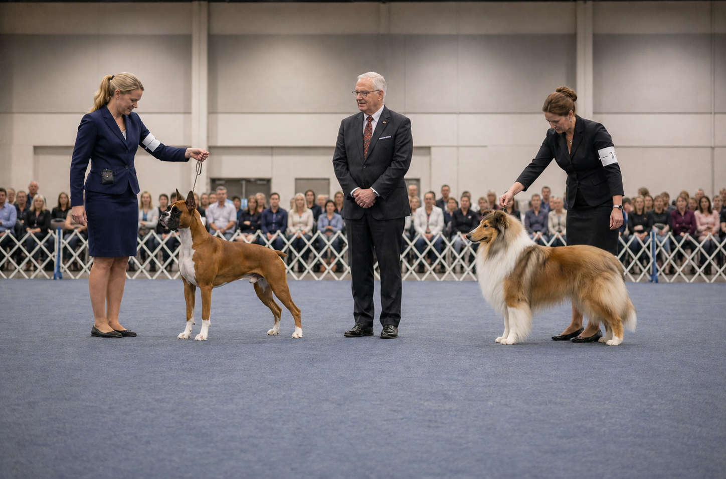 Breed type in dogs shown by a Boxer and a Rough Collie being evaluated in a conformation ring
