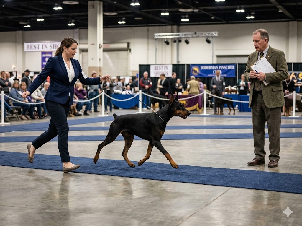 Breed type in dogs shown through a Doberman moving at a balanced trot while a judge evaluates gait