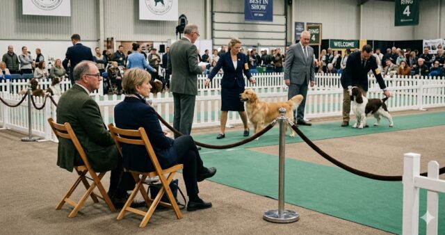 Dog show experts watching quietly from ringside as handlers present dogs in a conformation ring