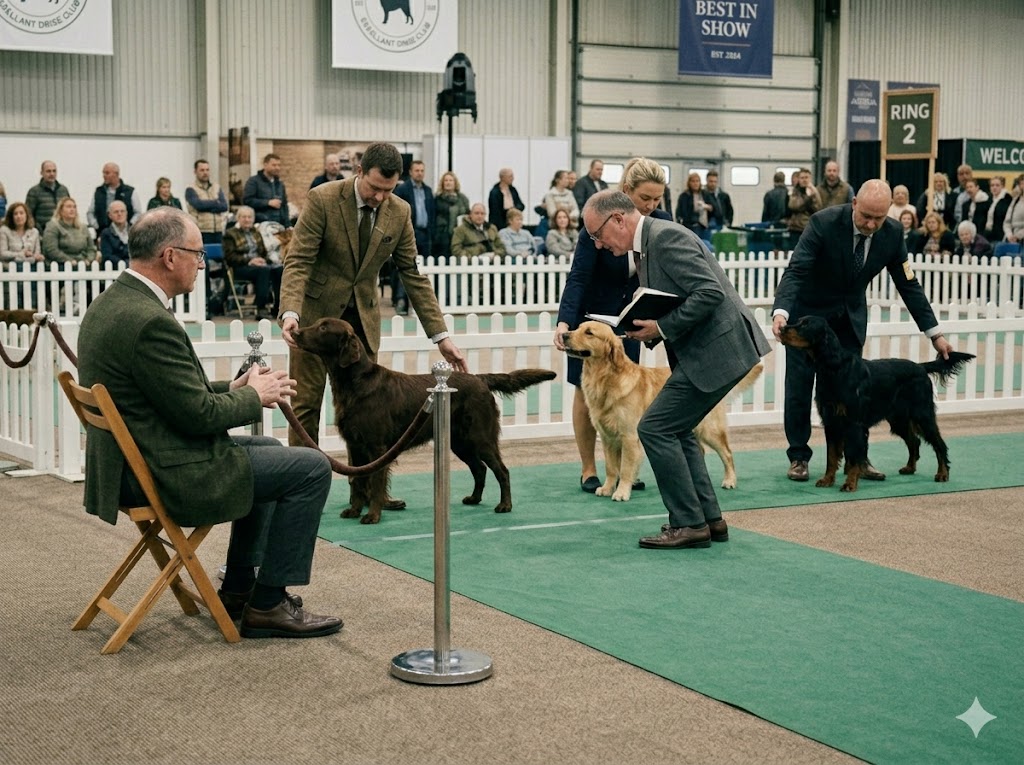 Dog show experts watching a judge compare dogs in the conformation ring