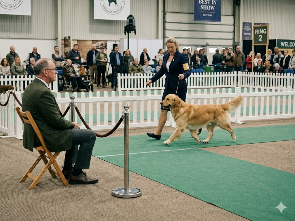 Dog show experts watching a dog’s movement carefully as a handler gaits the dog in a conformation ring