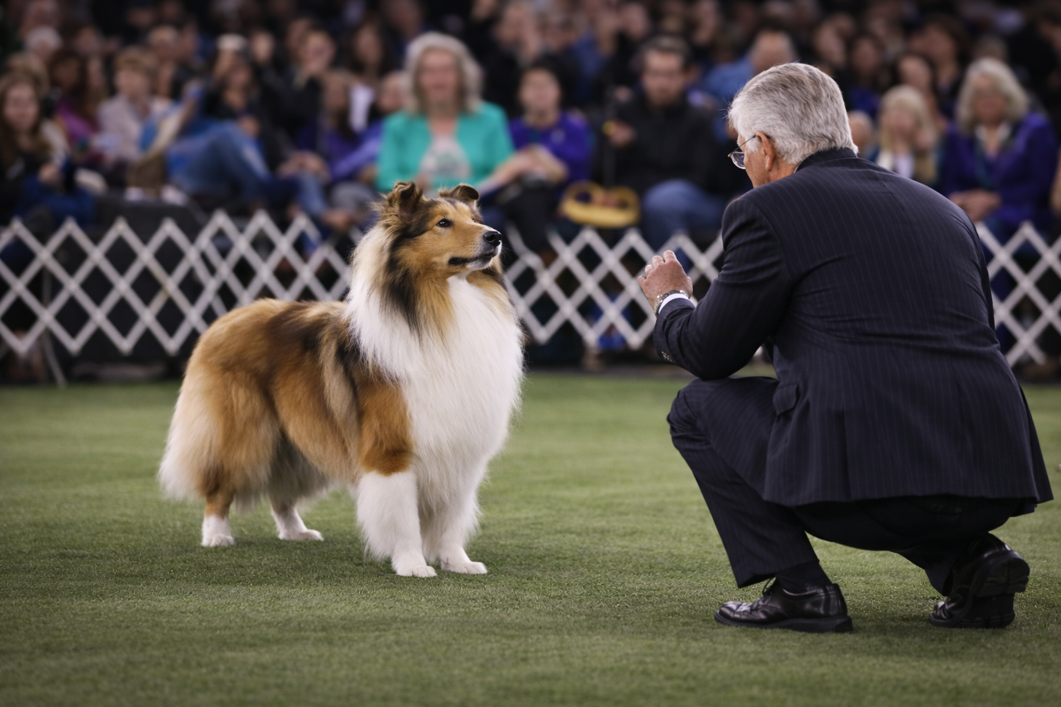 Dog show judging in a conformation ring as a judge evaluates a collie while comparing structure and breed type