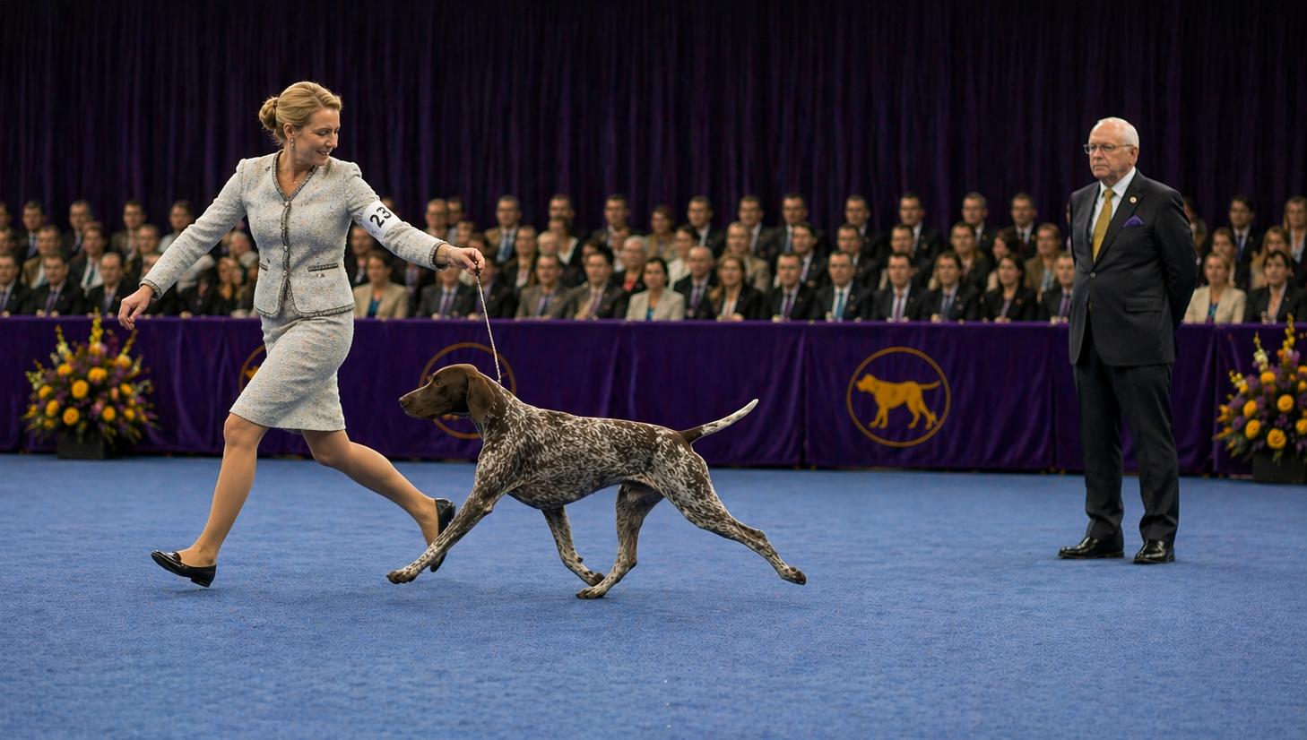 Dog Show Movement German Shorthaired Pointer Inline Image German Shorthaired Pointer trotting smoothly in a dog show ring while a judge observes gait and movement