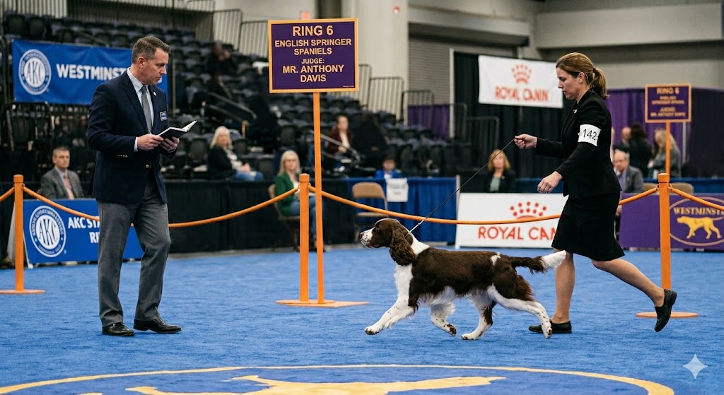 Show dog moving around the conformation ring while a judge evaluates movement and balance.