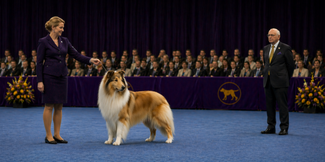 Excellent Dogs Club Dog Show Presence Collie Feature Dog show presence displayed by a rough collie standing alert in a conformation ring while a judge observes