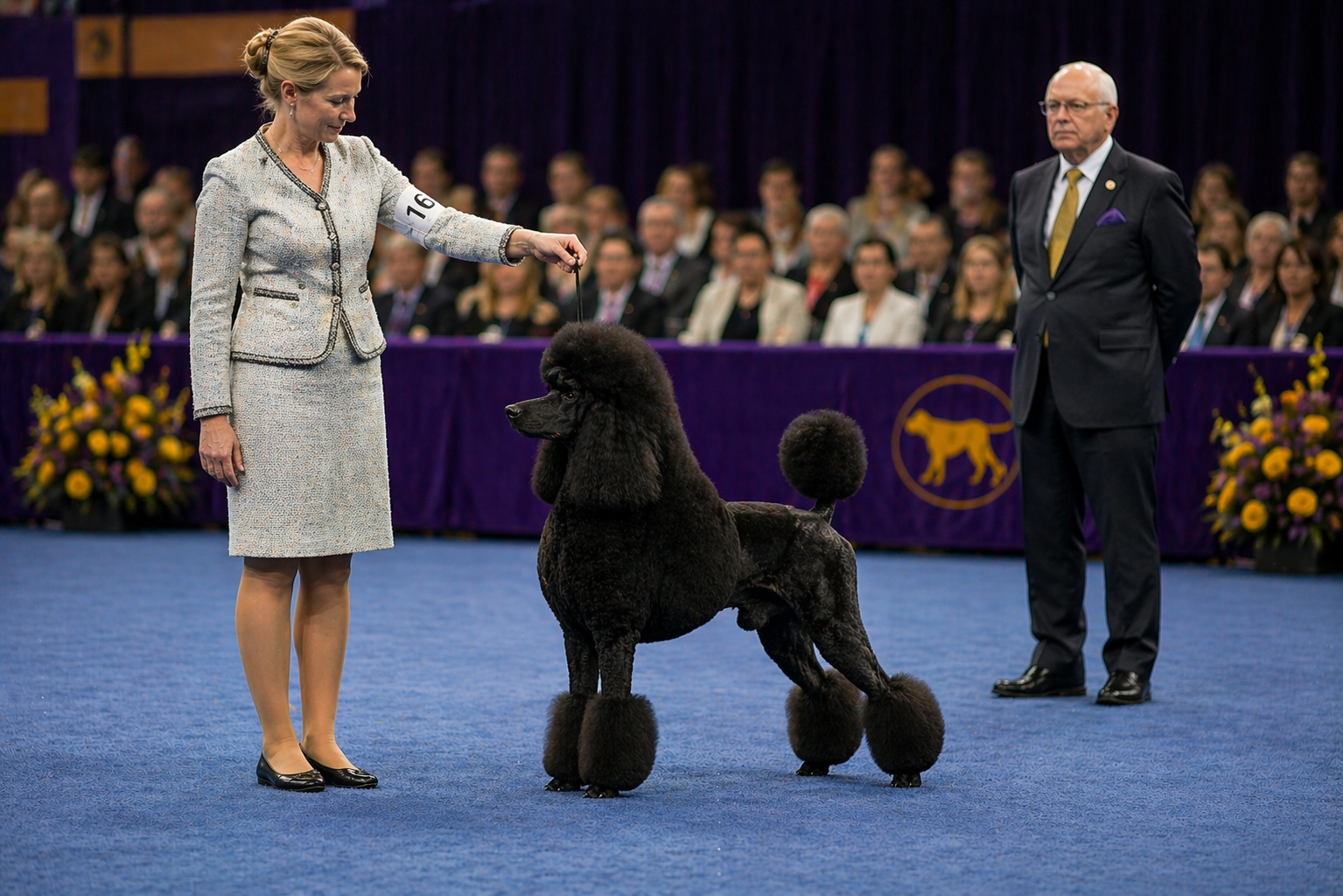 Dog Show Presence Standard Poodle Inline Image Dog show presence displayed by a standard poodle standing alert in a conformation ring while a judge observes