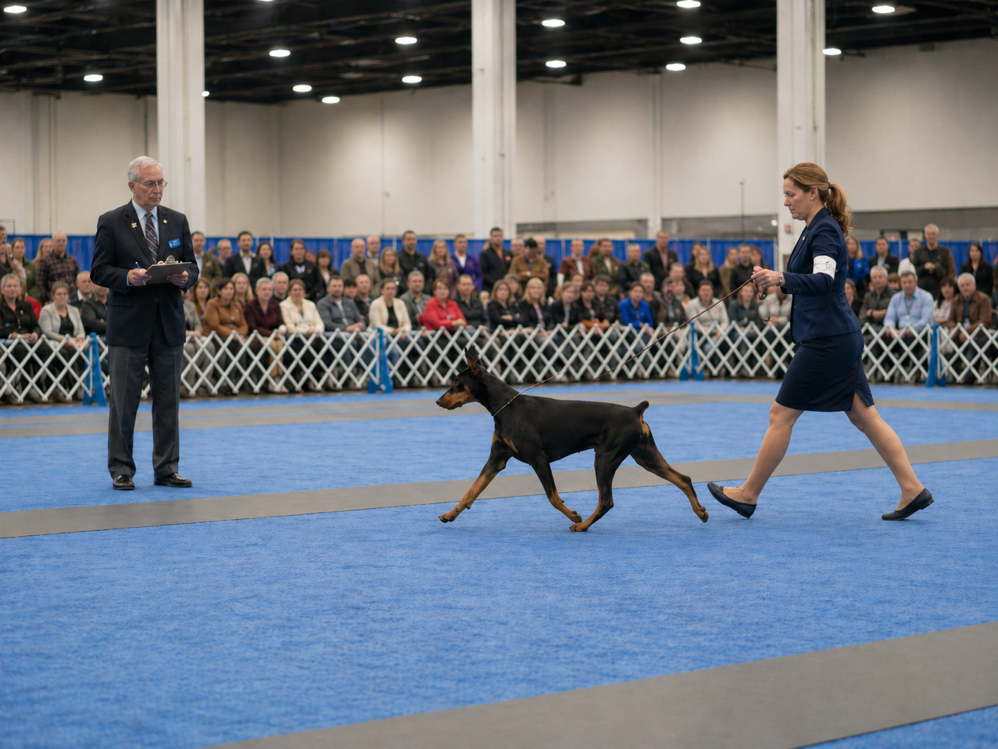 Show ring timing shown by a handler approaching the judge with a Doberman for conformation evaluation