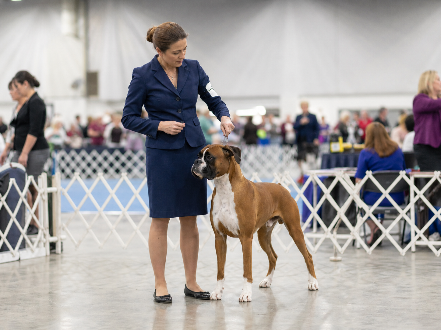 Show ring timing shown by a Boxer needing focus and calm handling before entering the conformation ring