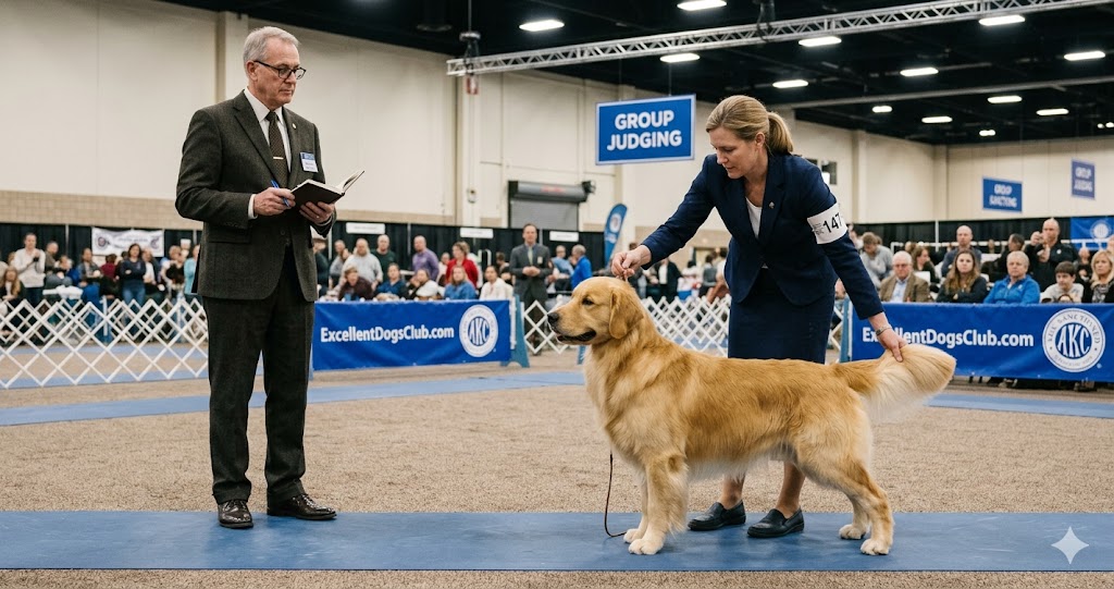 Show ring timing shown by a handler refocusing a show dog while a judge observes in the conformation ring