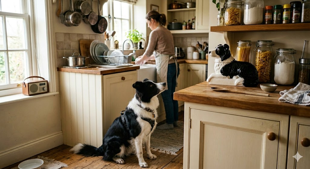 Border Collie staring at a dog treat jar that looks like him