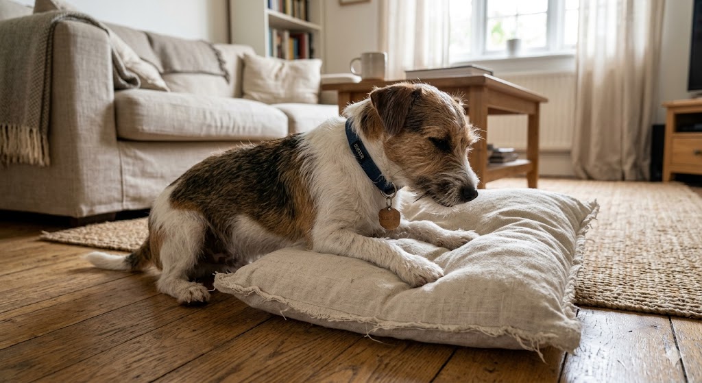 Jack Russell Terrier kneading a pillow on he floor