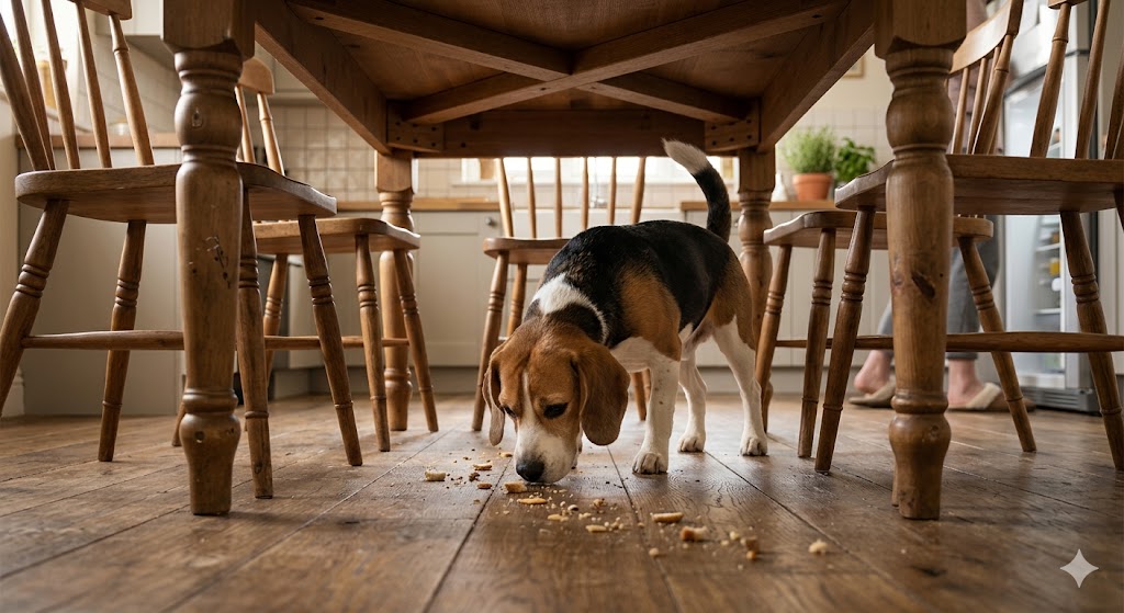 beagle eating crumbs under the kitchen table