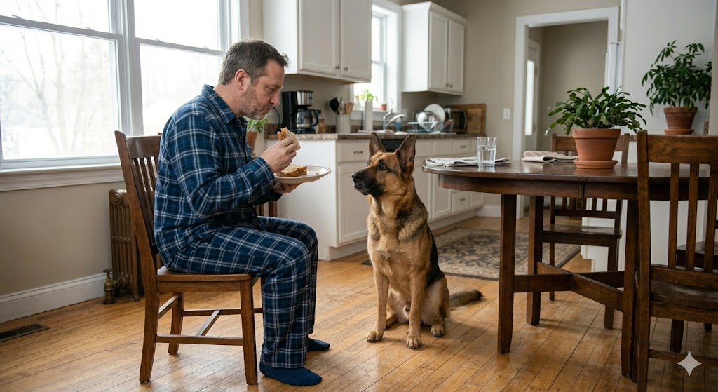 funny dog behavior shown by a dog lookimg longingly at a man's food, expecting him to share