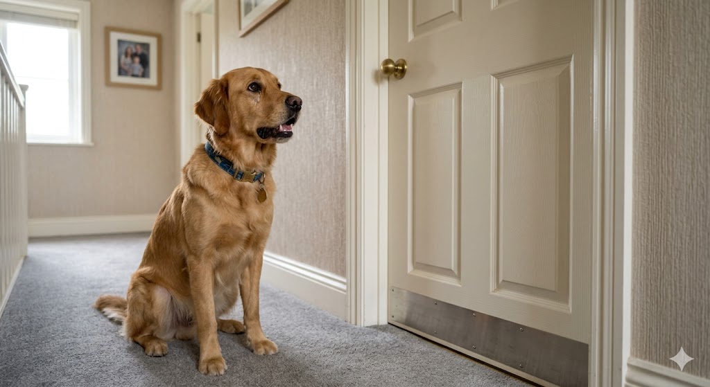 funny dog behavior shown by a dog reacting dramatically to a closed door