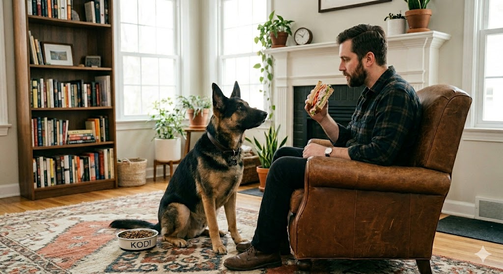 dog staring at his owner's sandwich is not a crime, just a funny habit