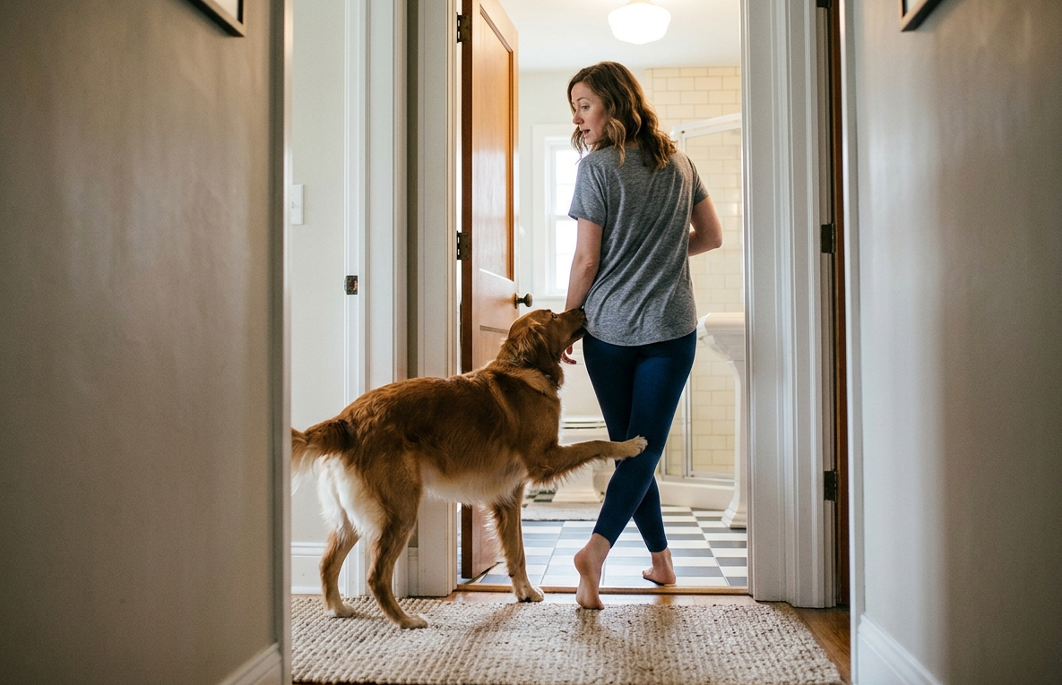 dog follows woman into the bathroom