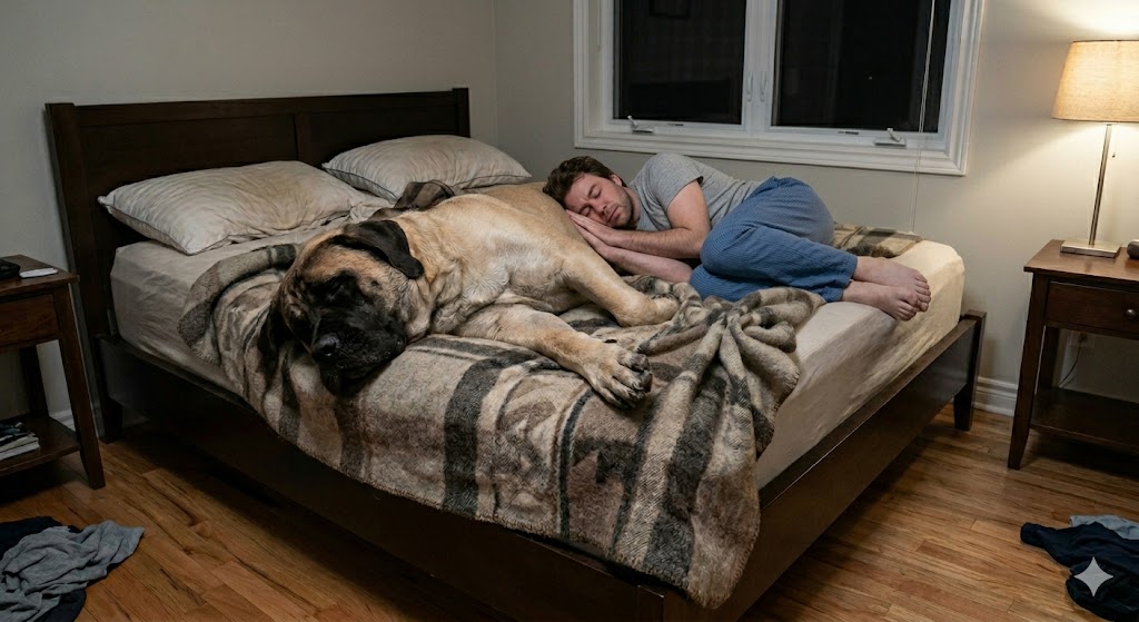 funny dog habits as a large dog takes over the bed