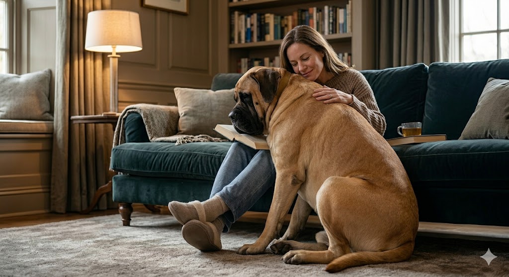Mastiff leaning on a woman on a couch
