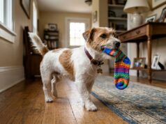 The Tiny Crimes Dogs Commit Every Day funny dog habits shown by a mischievous dog carrying a stolen sock