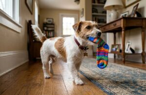 The Tiny Crimes Dogs Commit Every Day funny dog habits shown by a mischievous dog carrying a stolen sock
