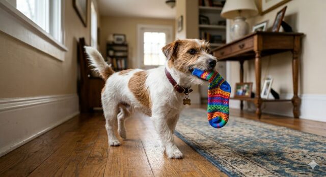 funny dog habits shown by a mischievous dog carrying a stolen sock