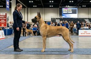 What Makes a Dog Look Balanced? Understanding Structure and Proportion balanced dog structure shown by a well-proportioned Great Dane standing in profile with a handler in a show ring