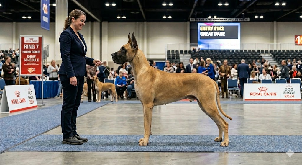 balanced dog structure shown by a well-proportioned Great Dane standing in profile with a handler in a show ring