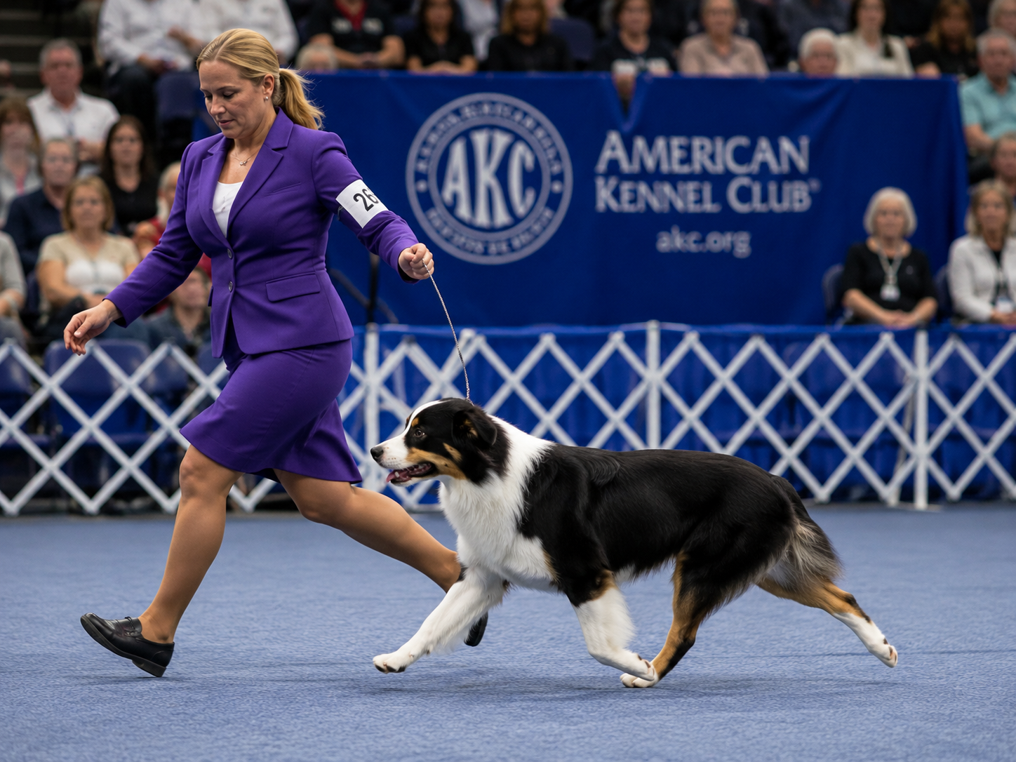 balanced dog structure shown by a black and white dog trotting smoothly with a handler in a show ring