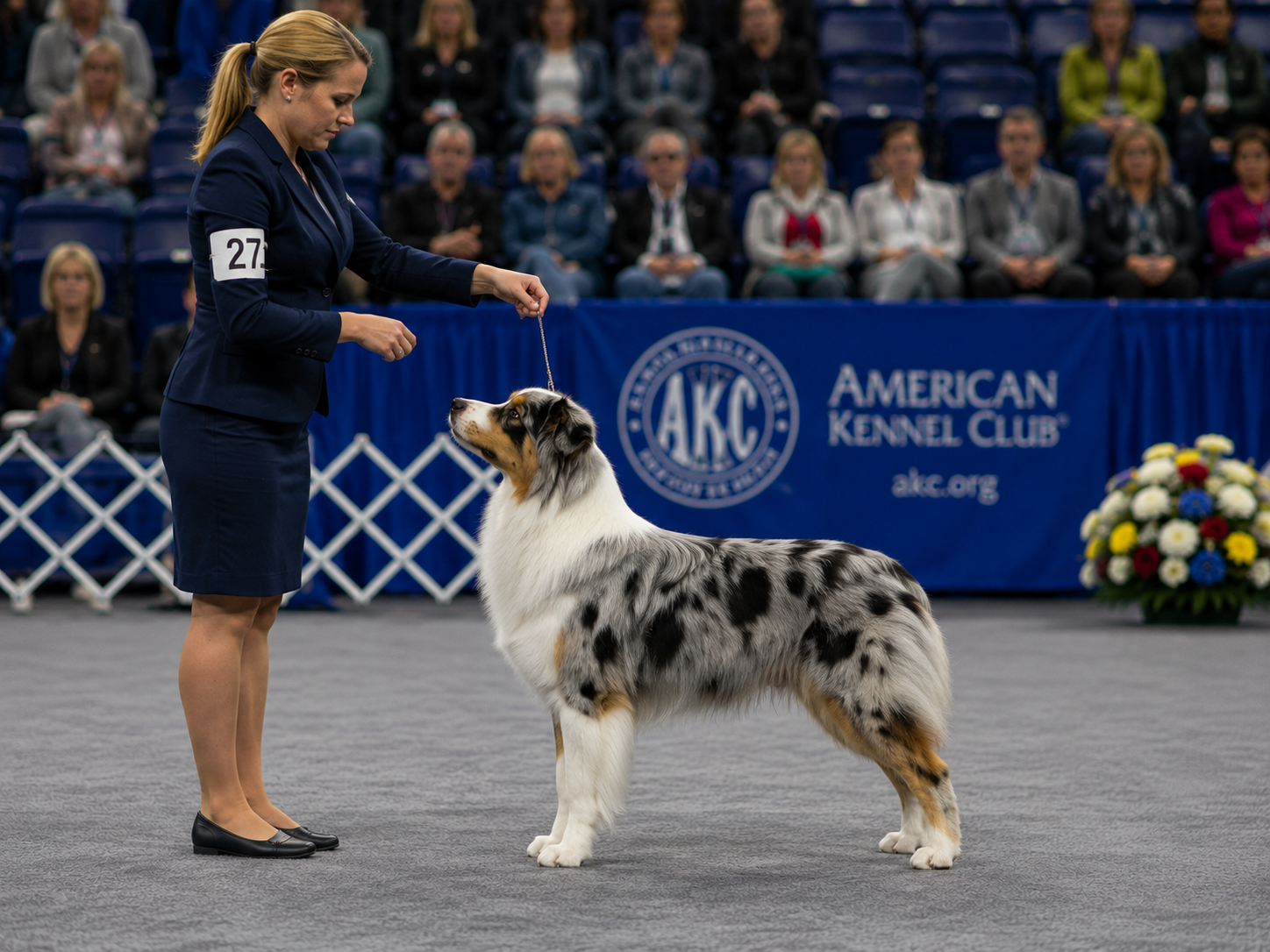 balanced dog structure shown by a blue merle dog standing in profile with a handler in a show ring