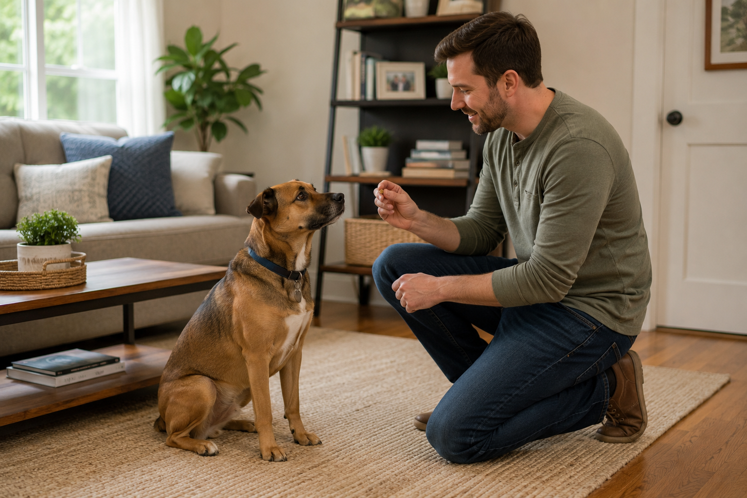 Dog building trust with another family member during calm training