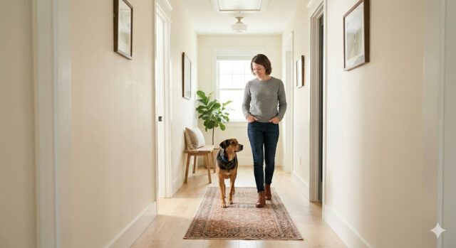 Velcro dog calmly following its owner through a bright hallway