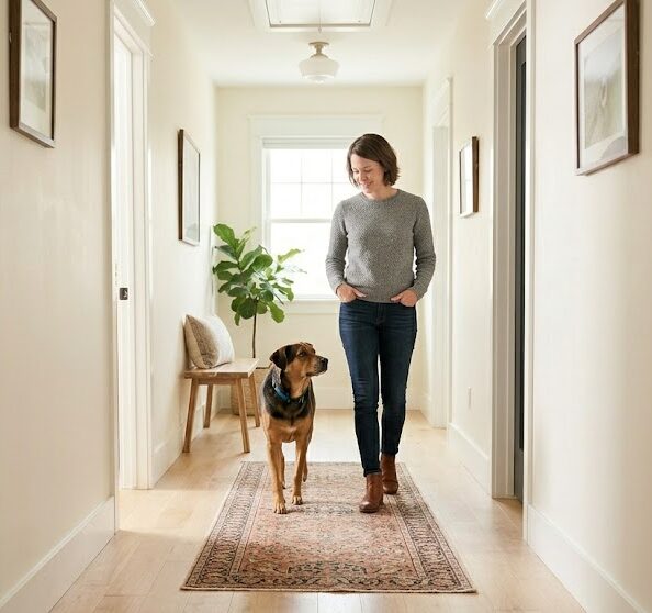 Velcro dog calmly following its owner through a bright hallway