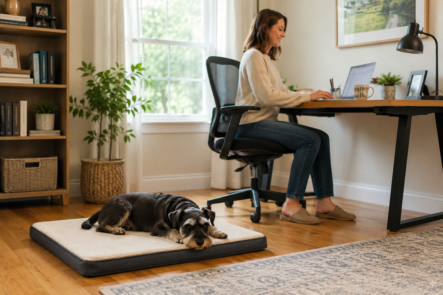 Dog resting calmly on a mat while its owner works nearby
