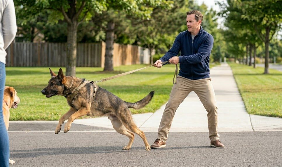 dog impulse control problem shown by dog lunging on leash toward another dog without waiting