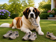 Why Some Dogs Need a Job (Even as Family Pets) dogs need a job shown by Saint Bernard holding a sneaker while sorting shoes outdoors
