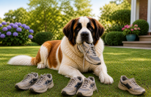 Why Some Dogs Need a Job (Even as Family Pets) dogs need a job shown by Saint Bernard holding a sneaker while sorting shoes outdoors