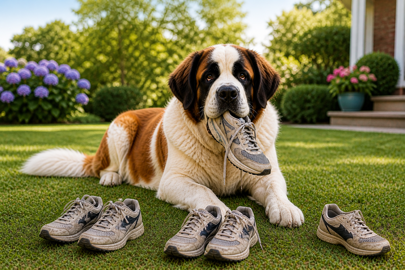 dogs need a job shown by Saint Bernard holding a sneaker while sorting shoes outdoors