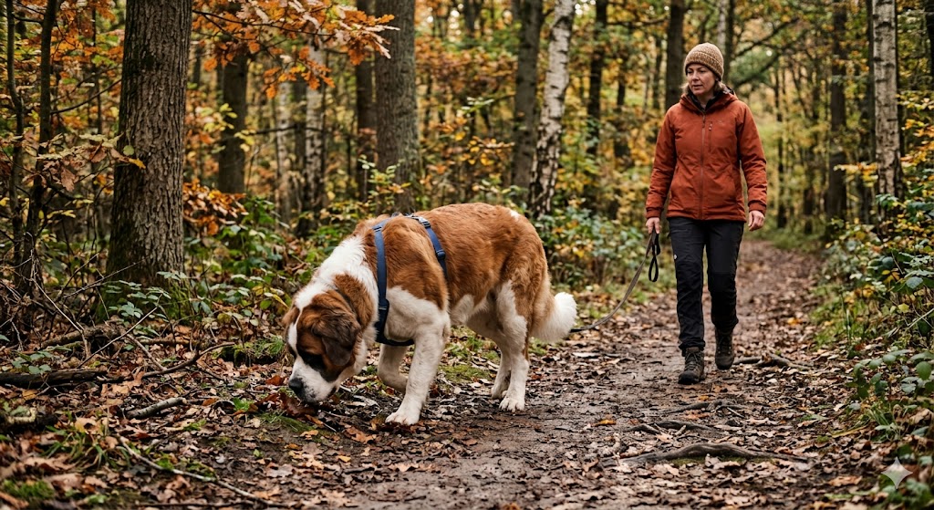 dogs need a job shown by Saint Bernard tracking a scent while working closely with its owner on a wooded path