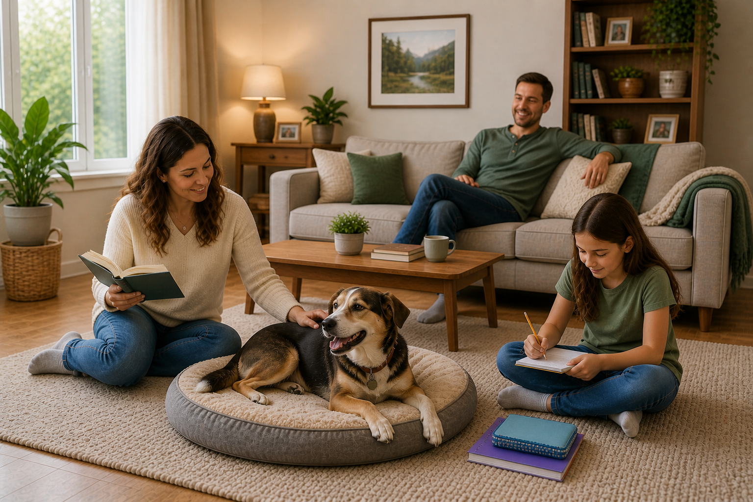 family dog compatibility shown by calm mixed breed dog relaxing with family in peaceful home