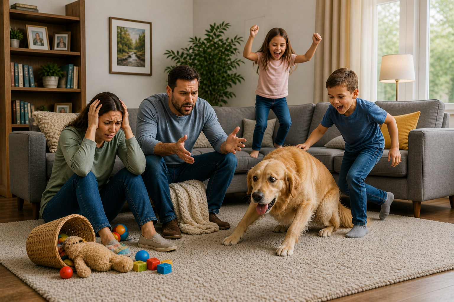family dog compatibility mismatch shown by stressed dog in chaotic household with overwhelmed family