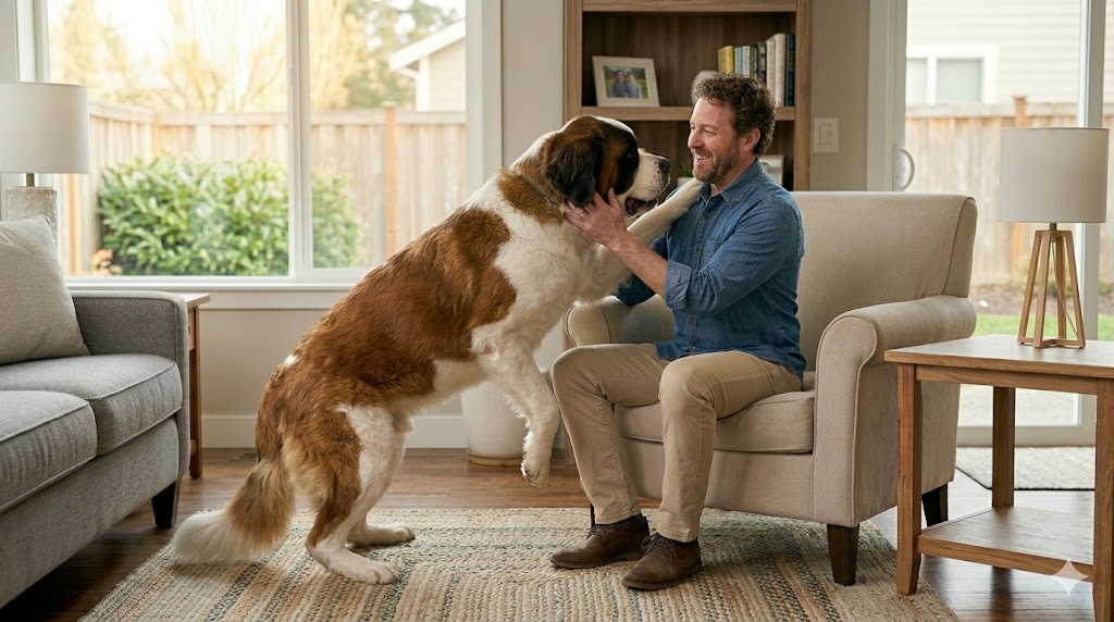 friendly dogs can be overwhelming when large dog jumps up and greets person with too much enthusiasm