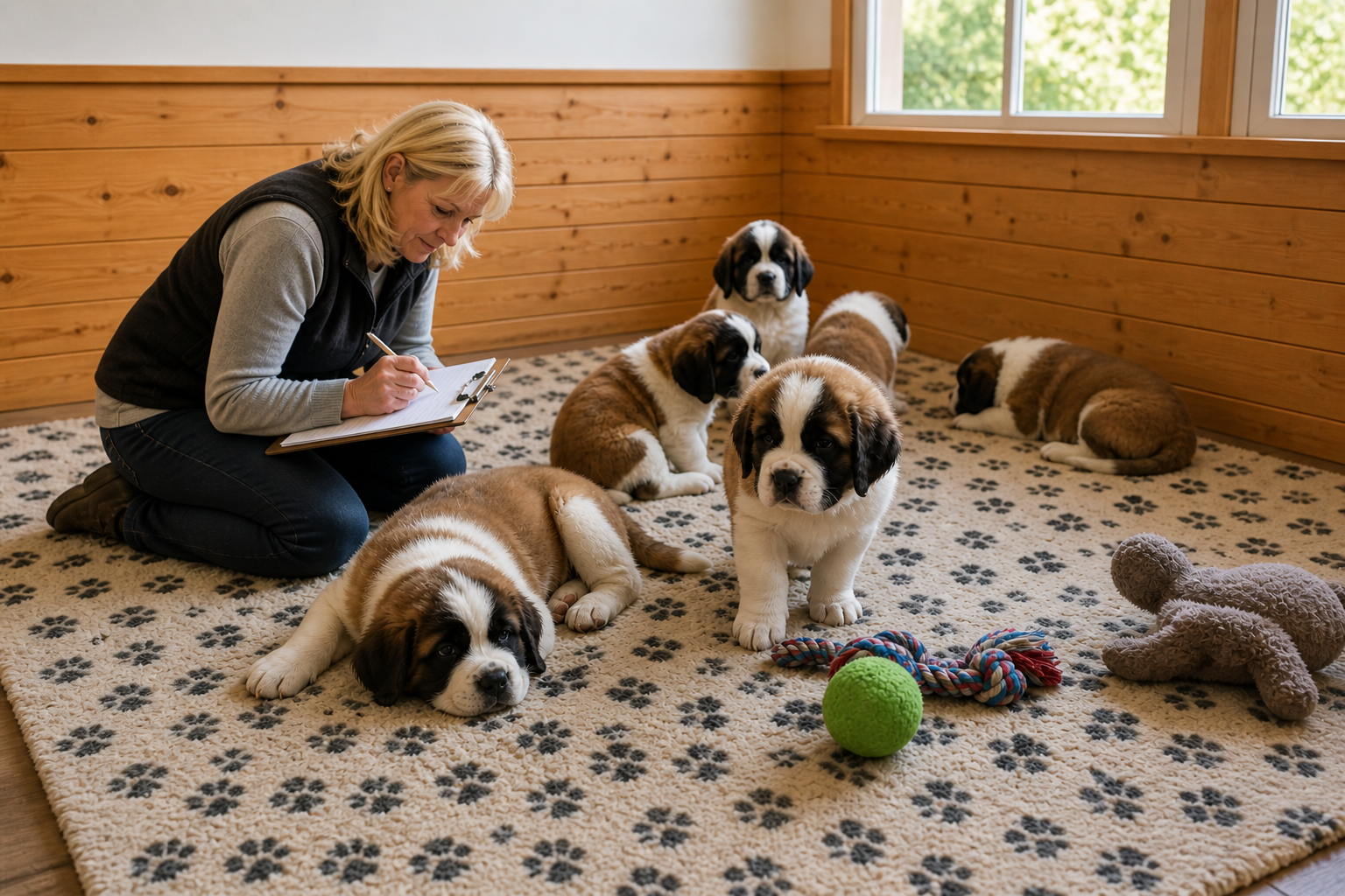 responsible dog breeders observing Saint Bernard puppies and noting temperament differences