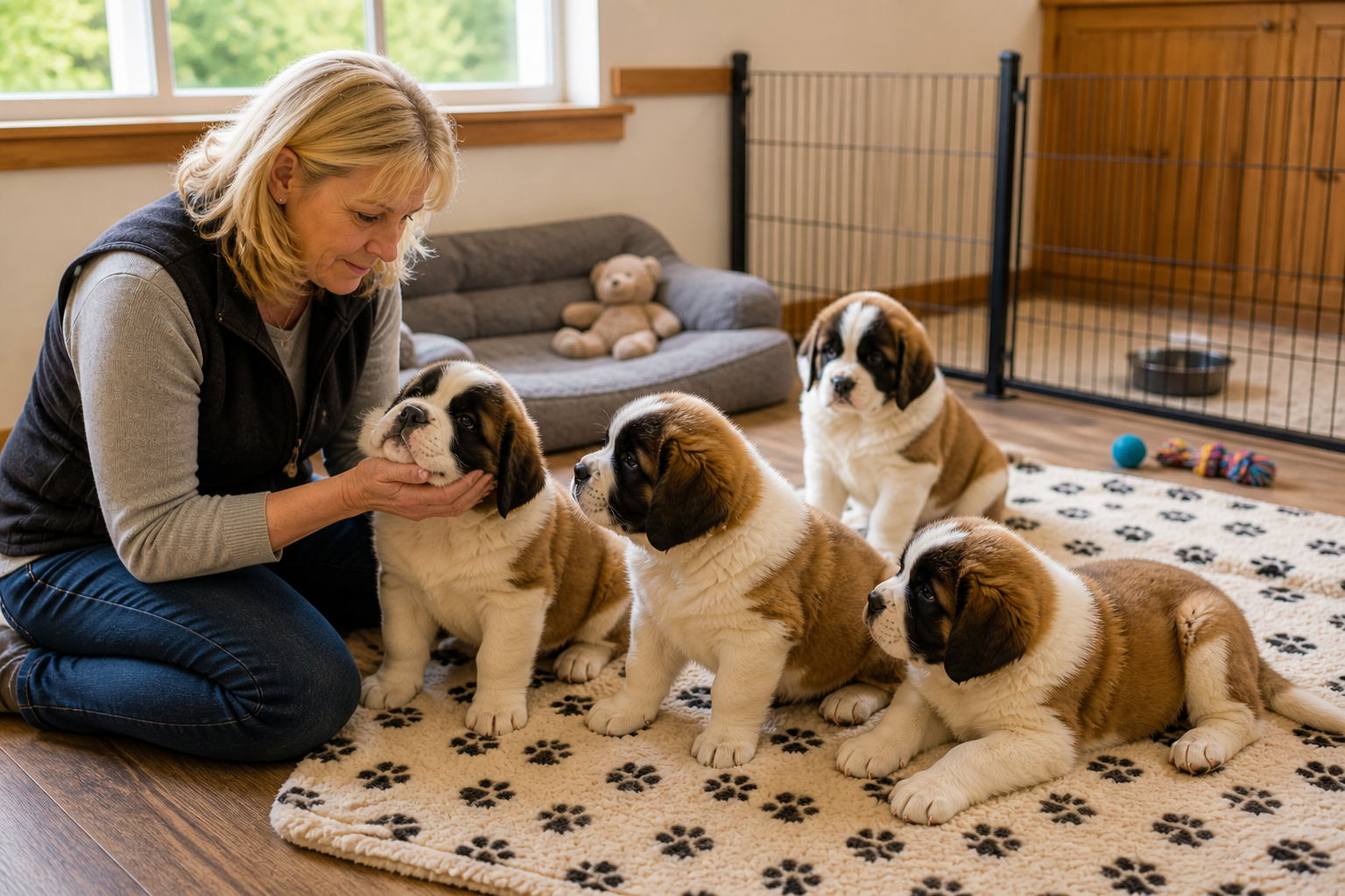responsible dog breeders gently evaluating Saint Bernard puppies for the right family placement