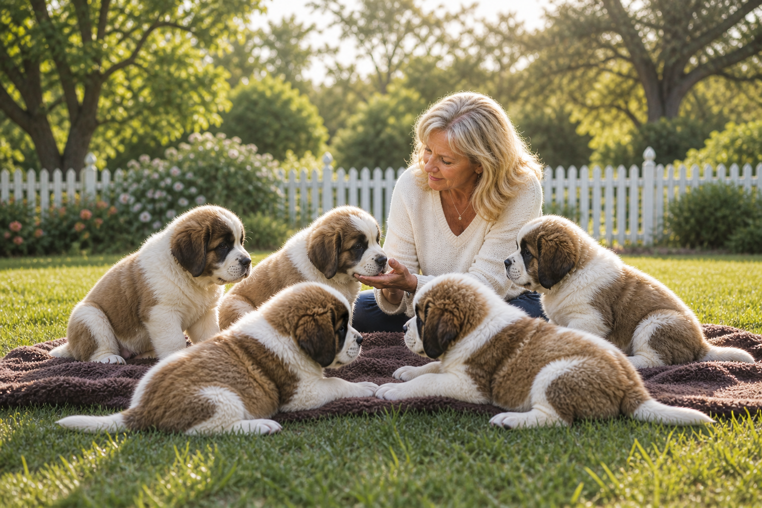 responsible dog breeders carefully observing Saint Bernard puppies interacting in a calm outdoor setting