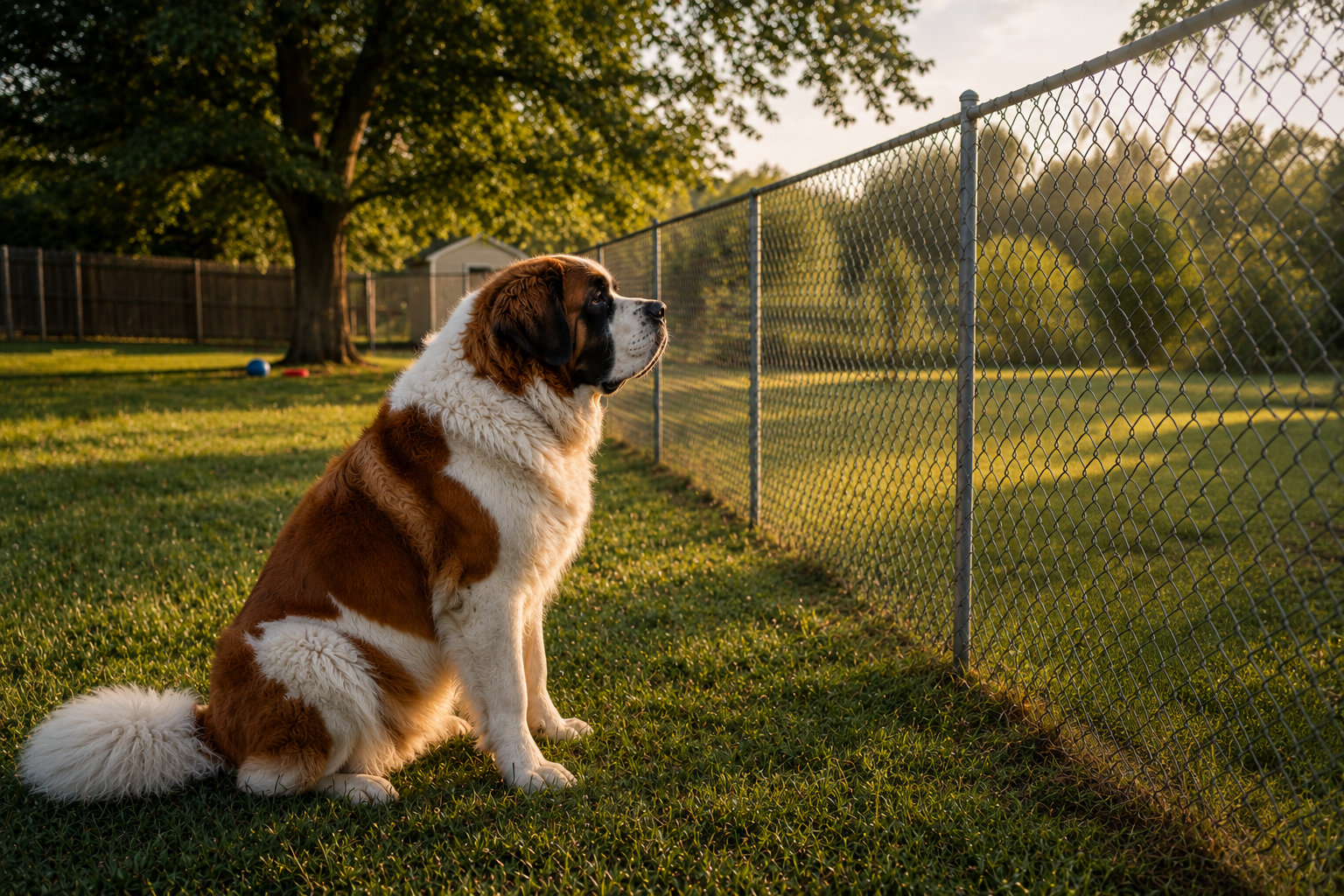 good home wrong fit Saint Bernard watching beyond backyard chain link fence