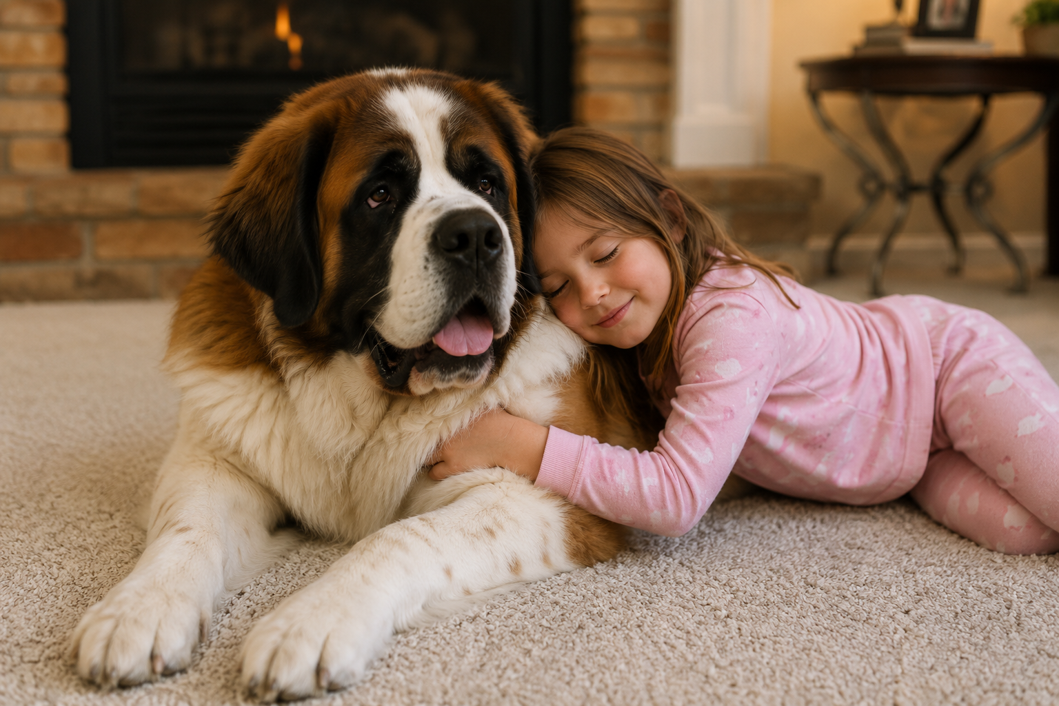 Saint Bernard resting with a young girl and showing the calm, nurturing spirit of a gentle family guardian.